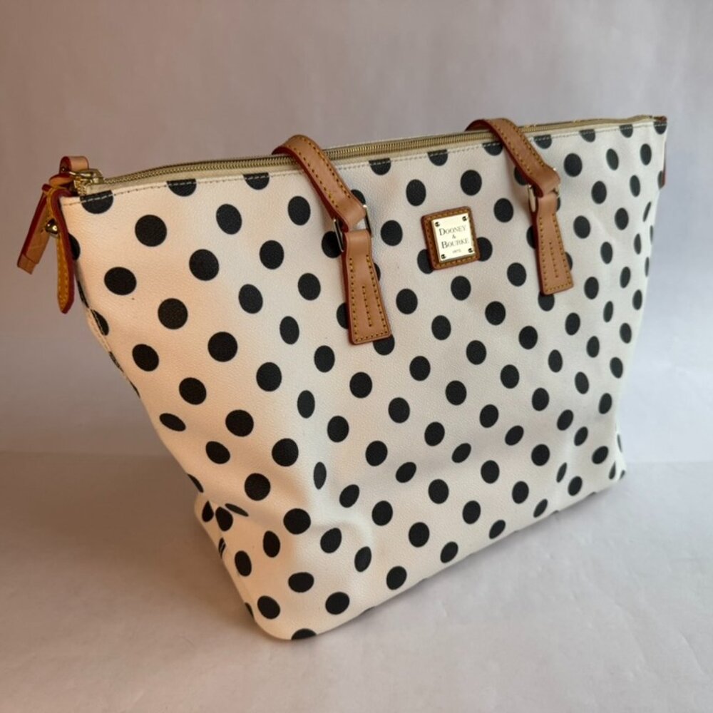 Dooney & Bourke Large White with Black Pokadot Leather Shoulder Bag